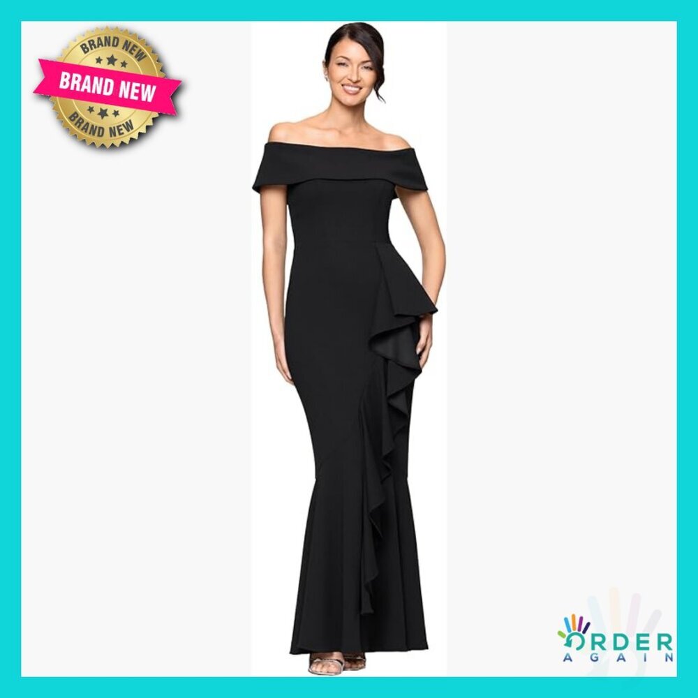 Off Shoulder Mermaid Gown Elegant Formal Dress Scuba Crepe Ruffle Detail